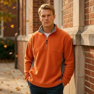 Vintage Trader Bay Mens XL Quarter Zip Fleece Orange Gray Retro USA Outdoor 90s